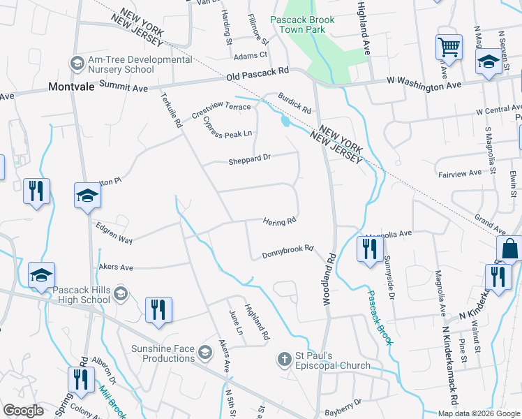 map of restaurants, bars, coffee shops, grocery stores, and more near 41 Donnybrook Road in Montvale