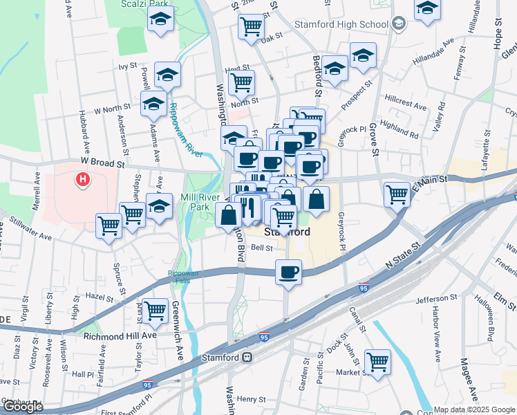 map of restaurants, bars, coffee shops, grocery stores, and more near 66 Summer Street in Stamford