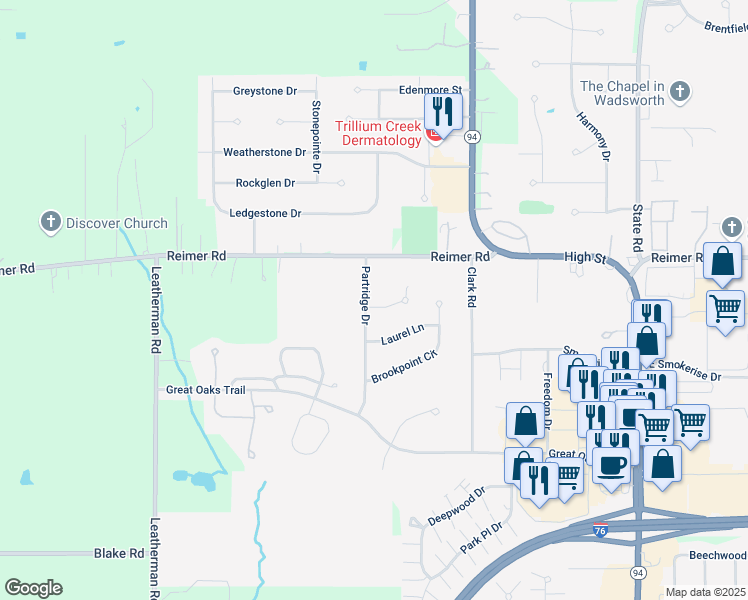 map of restaurants, bars, coffee shops, grocery stores, and more near 379 Stonybrook Circle in Wadsworth
