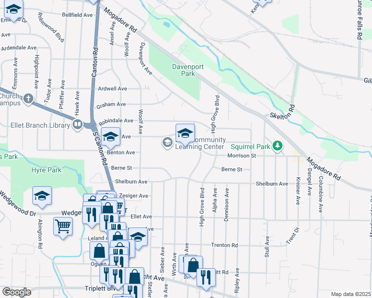 map of restaurants, bars, coffee shops, grocery stores, and more near 309 Woolf Avenue in Akron