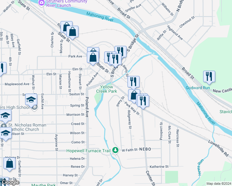 map of restaurants, bars, coffee shops, grocery stores, and more near 118 Park Way Street in Struthers