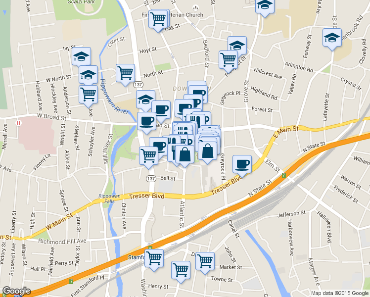 map of restaurants, bars, coffee shops, grocery stores, and more near in Stamford
