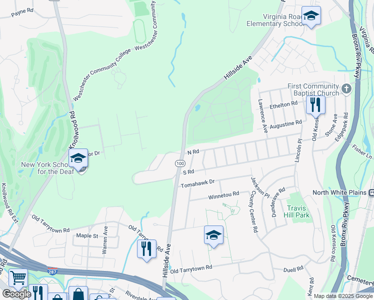 map of restaurants, bars, coffee shops, grocery stores, and more near 212 North Road in White Plains