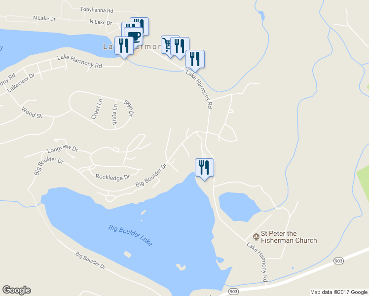 map of restaurants, bars, coffee shops, grocery stores, and more near 36 Red Fox Court in Lake Harmony