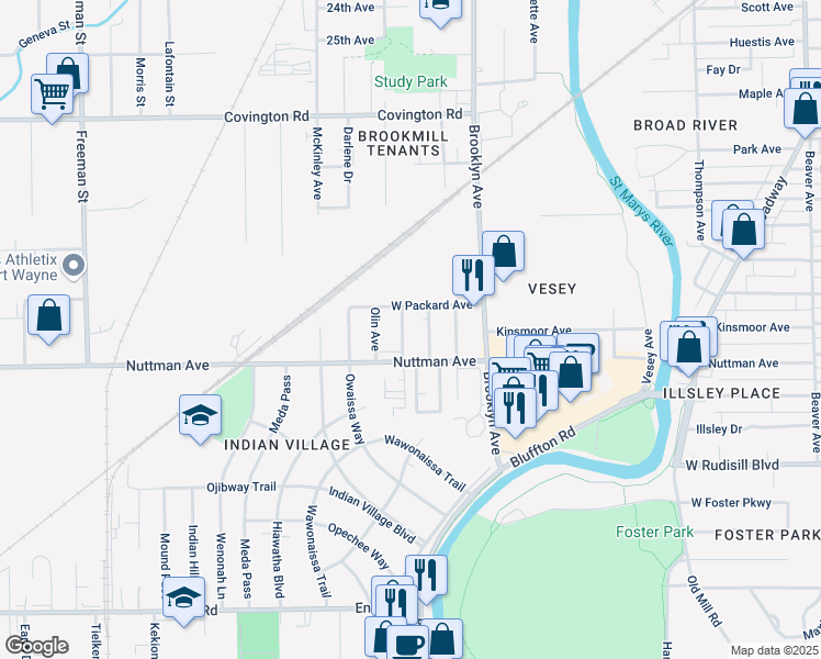 map of restaurants, bars, coffee shops, grocery stores, and more near 3406 Alpine Avenue in Fort Wayne