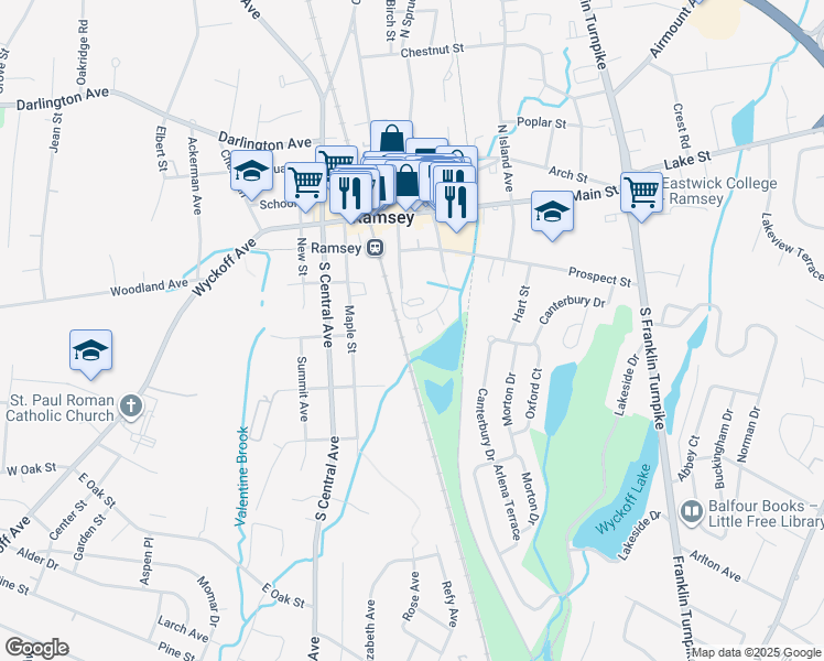 map of restaurants, bars, coffee shops, grocery stores, and more near 25 Spruce Run in Ramsey