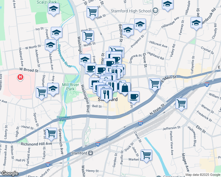 map of restaurants, bars, coffee shops, grocery stores, and more near in Stamford