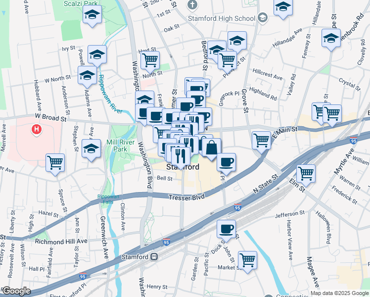 map of restaurants, bars, coffee shops, grocery stores, and more near in Stamford