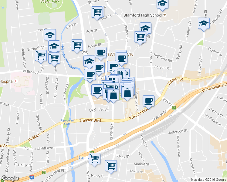 map of restaurants, bars, coffee shops, grocery stores, and more near in Stamford