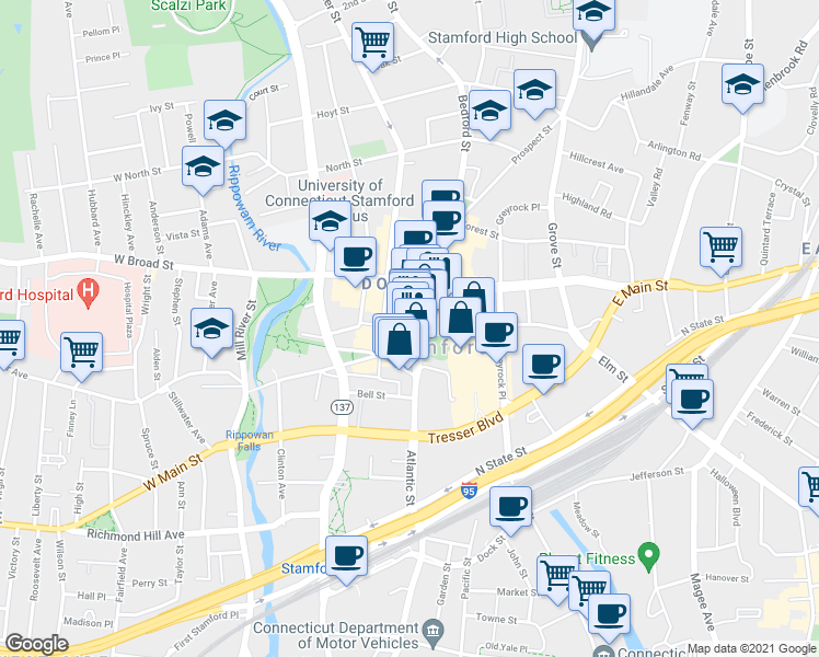 map of restaurants, bars, coffee shops, grocery stores, and more near in Stamford