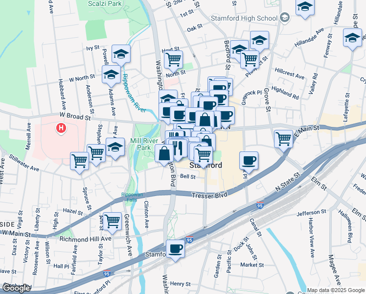 map of restaurants, bars, coffee shops, grocery stores, and more near 74 West Park Place in Stamford