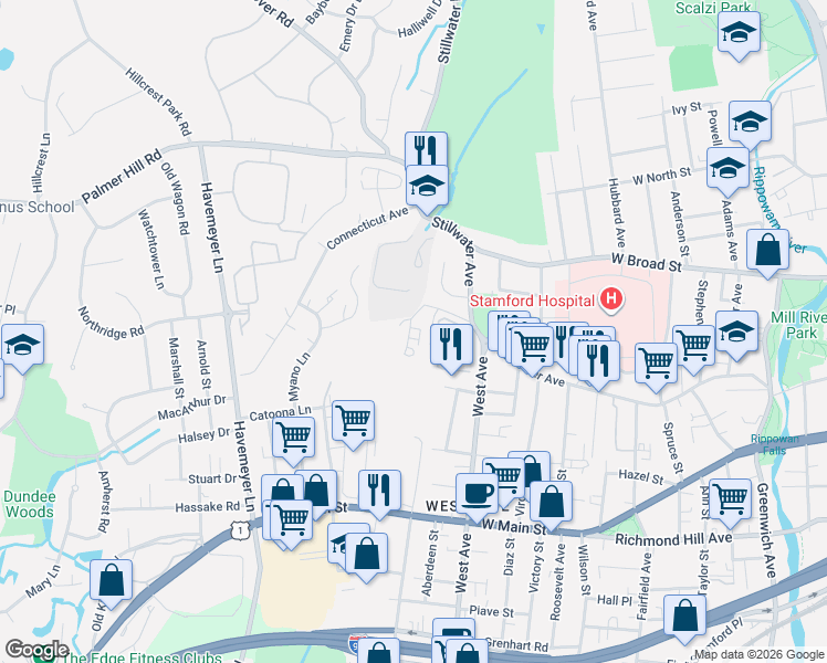 map of restaurants, bars, coffee shops, grocery stores, and more near 28 Westwood Drive in Stamford