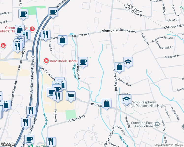 map of restaurants, bars, coffee shops, grocery stores, and more near 5 Paragon Dr in Montvale