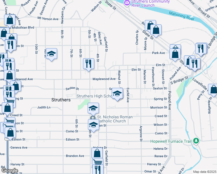 map of restaurants, bars, coffee shops, grocery stores, and more near 650 Garfield Street in Struthers