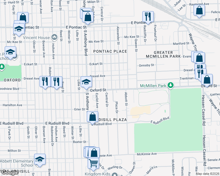 map of restaurants, bars, coffee shops, grocery stores, and more near 3508 Plaza Drive in Fort Wayne