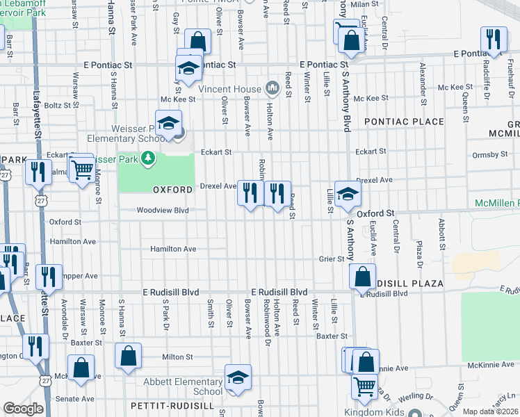 map of restaurants, bars, coffee shops, grocery stores, and more near 3427 Robinwood Drive in Fort Wayne