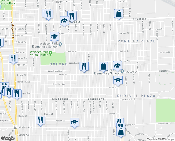 map of restaurants, bars, coffee shops, grocery stores, and more near 3427 Robinwood Drive in Fort Wayne