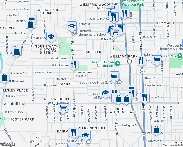 map of restaurants, bars, coffee shops, grocery stores, and more near 348 West Darrow Avenue in Fort Wayne