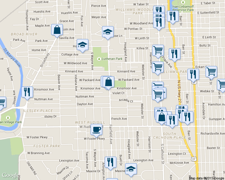 map of restaurants, bars, coffee shops, grocery stores, and more near 3501 Fairfield Avenue in Fort Wayne