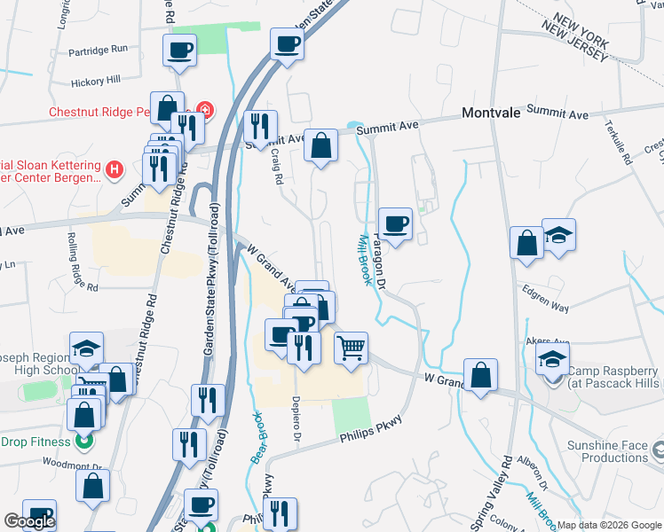 map of restaurants, bars, coffee shops, grocery stores, and more near 11 Forshee Circle in Montvale