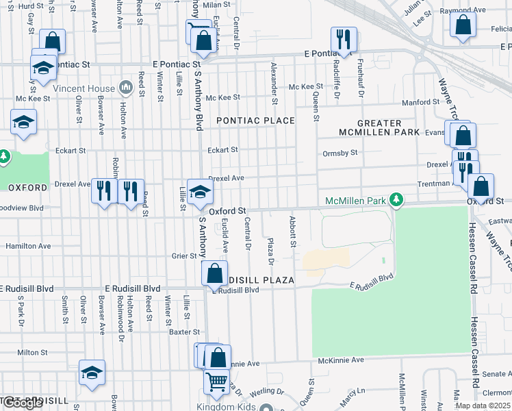 map of restaurants, bars, coffee shops, grocery stores, and more near 3508 Plaza Drive in Fort Wayne