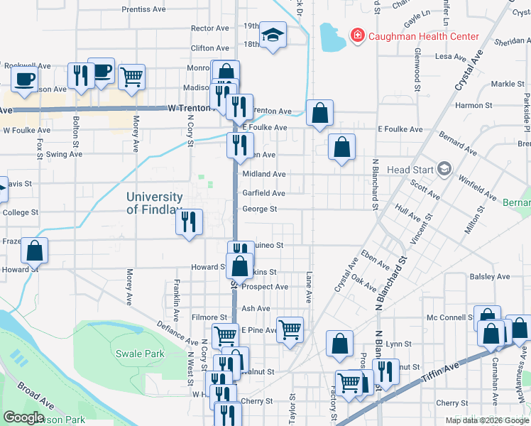 map of restaurants, bars, coffee shops, grocery stores, and more near 1024 Cypress Avenue in Findlay