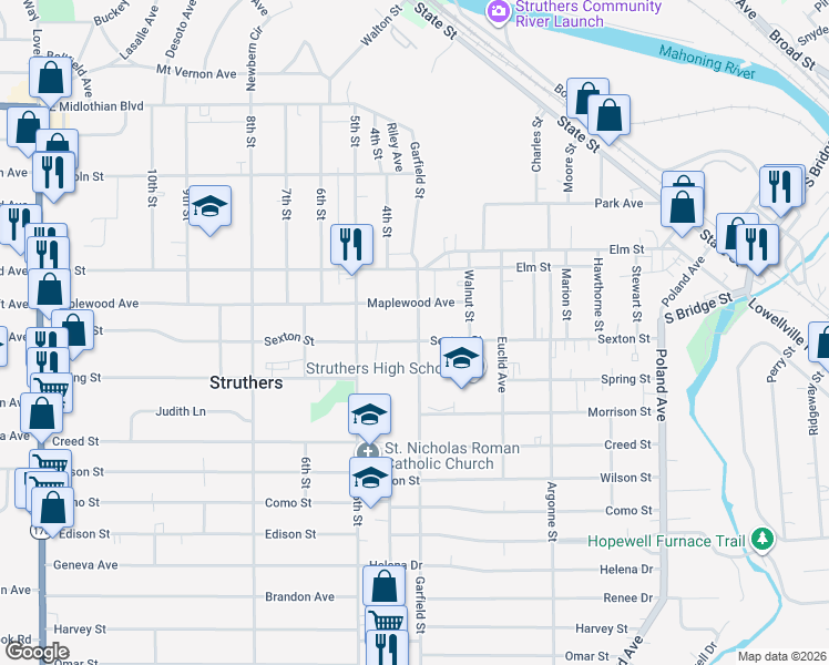 map of restaurants, bars, coffee shops, grocery stores, and more near 650 Garfield Street in Struthers