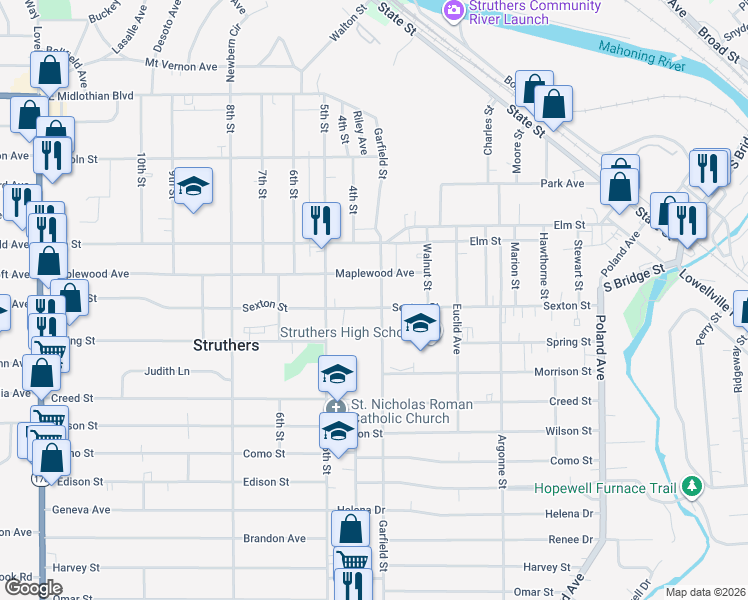 map of restaurants, bars, coffee shops, grocery stores, and more near 650 Garfield Street in Struthers