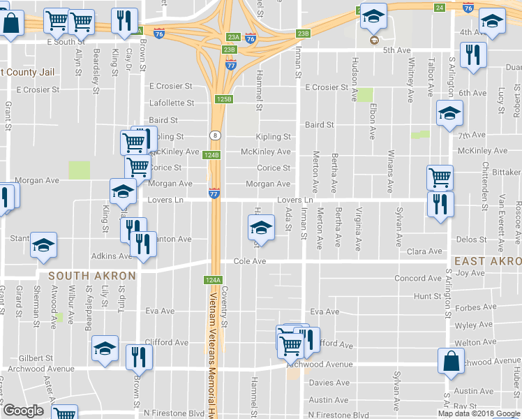 map of restaurants, bars, coffee shops, grocery stores, and more near 869 Hammel Street in Akron