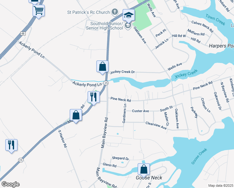 map of restaurants, bars, coffee shops, grocery stores, and more near 345 Pine Neck Road in Southold
