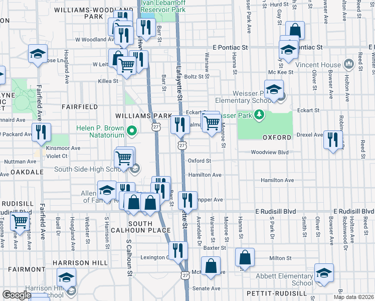 map of restaurants, bars, coffee shops, grocery stores, and more near 411 Wiebke Street in Fort Wayne