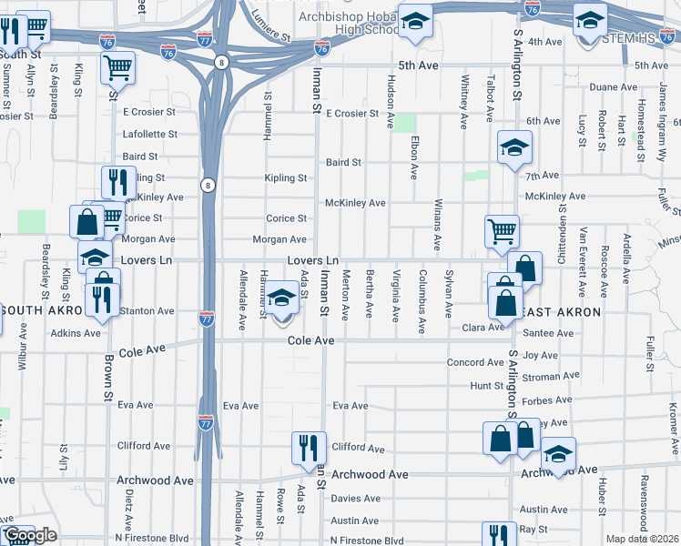 map of restaurants, bars, coffee shops, grocery stores, and more near 907 Inman Street in Akron