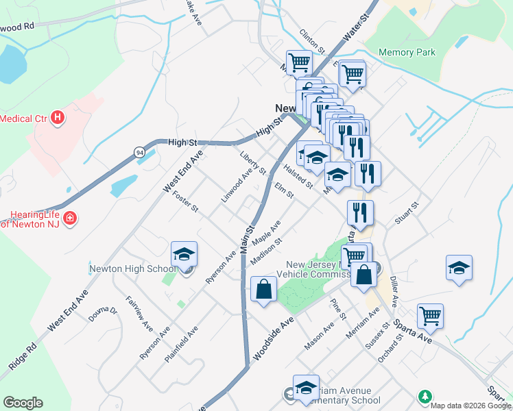 map of restaurants, bars, coffee shops, grocery stores, and more near 125 Main Street in Newton
