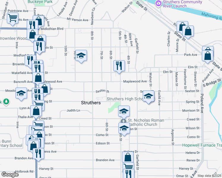 map of restaurants, bars, coffee shops, grocery stores, and more near 370 Sexton Street in Struthers