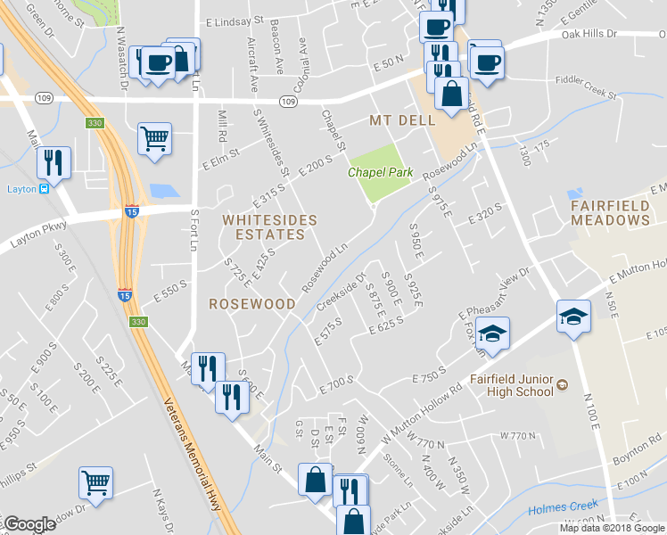 map of restaurants, bars, coffee shops, grocery stores, and more near 812 Rosewood Lane in Layton