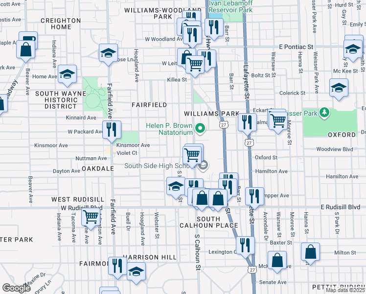 map of restaurants, bars, coffee shops, grocery stores, and more near 3403 Harrison Street in Fort Wayne