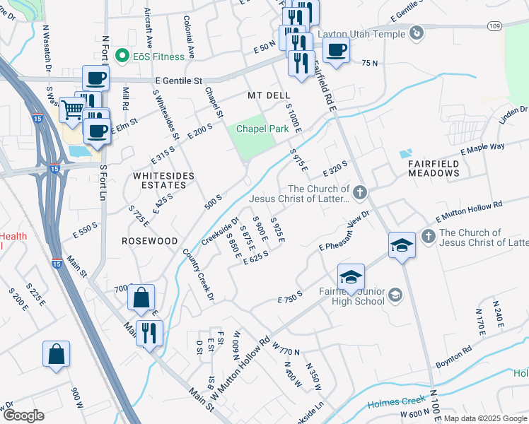 map of restaurants, bars, coffee shops, grocery stores, and more near 382 South 925 East in Layton