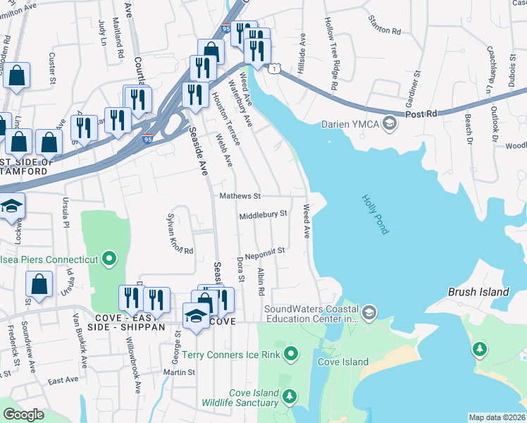 map of restaurants, bars, coffee shops, grocery stores, and more near 10 Andover Road in Stamford