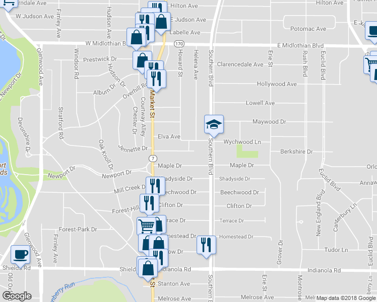 map of restaurants, bars, coffee shops, grocery stores, and more near 4424 Howard Street in Youngstown