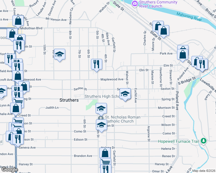 map of restaurants, bars, coffee shops, grocery stores, and more near 294 Sexton Street in Struthers