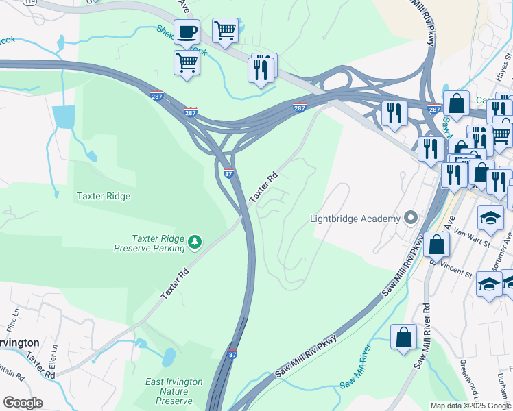 map of restaurants, bars, coffee shops, grocery stores, and more near 500 Town Green Drive in Elmsford