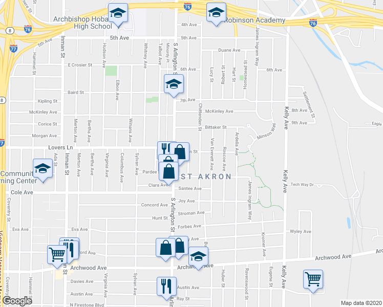 map of restaurants, bars, coffee shops, grocery stores, and more near 605 Arden Place in Akron