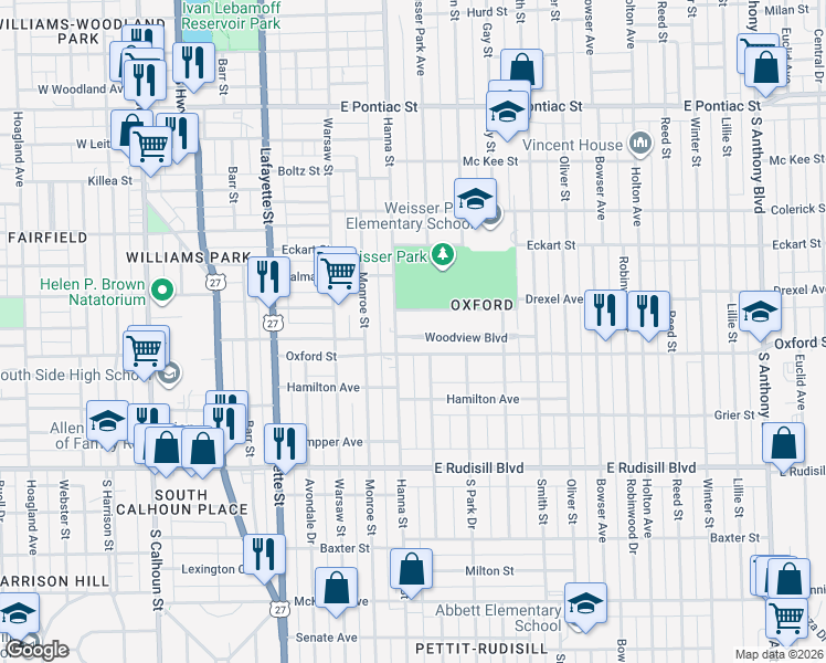 map of restaurants, bars, coffee shops, grocery stores, and more near in Fort Wayne