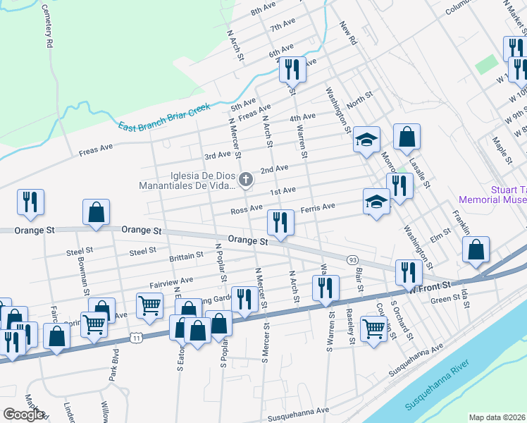 map of restaurants, bars, coffee shops, grocery stores, and more near 1320 Ferris Avenue in Berwick