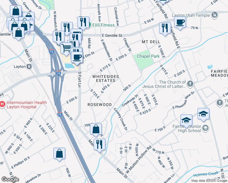 map of restaurants, bars, coffee shops, grocery stores, and more near 767 Rosewood Lane in Layton