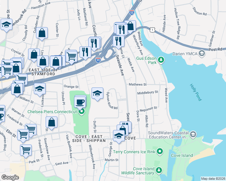 map of restaurants, bars, coffee shops, grocery stores, and more near 252 Sylvan Knoll Road in Stamford