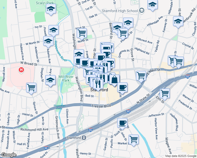 map of restaurants, bars, coffee shops, grocery stores, and more near in Stamford