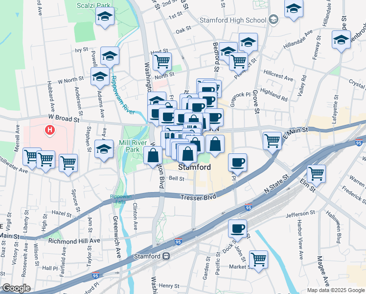 map of restaurants, bars, coffee shops, grocery stores, and more near 37 Summer Street in Stamford