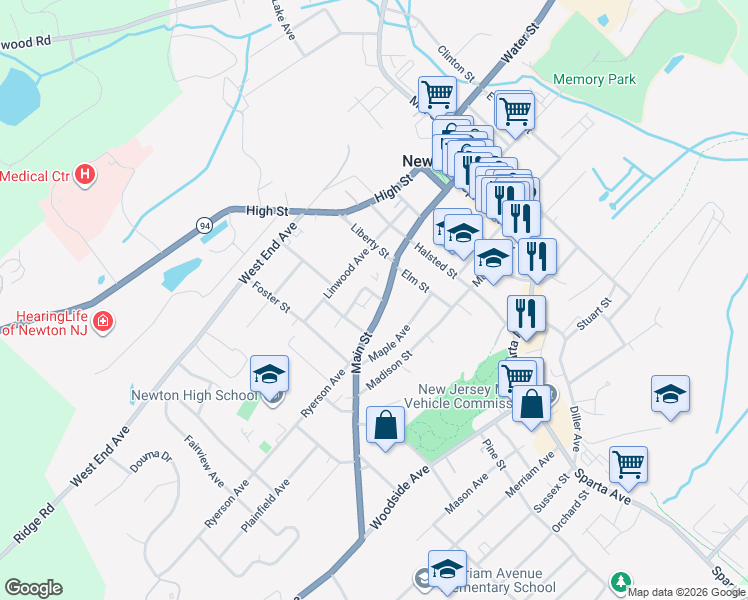 map of restaurants, bars, coffee shops, grocery stores, and more near 125 Main Street in Newton