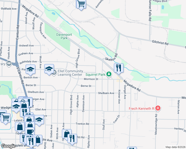 map of restaurants, bars, coffee shops, grocery stores, and more near 111 Pauline Avenue in Akron
